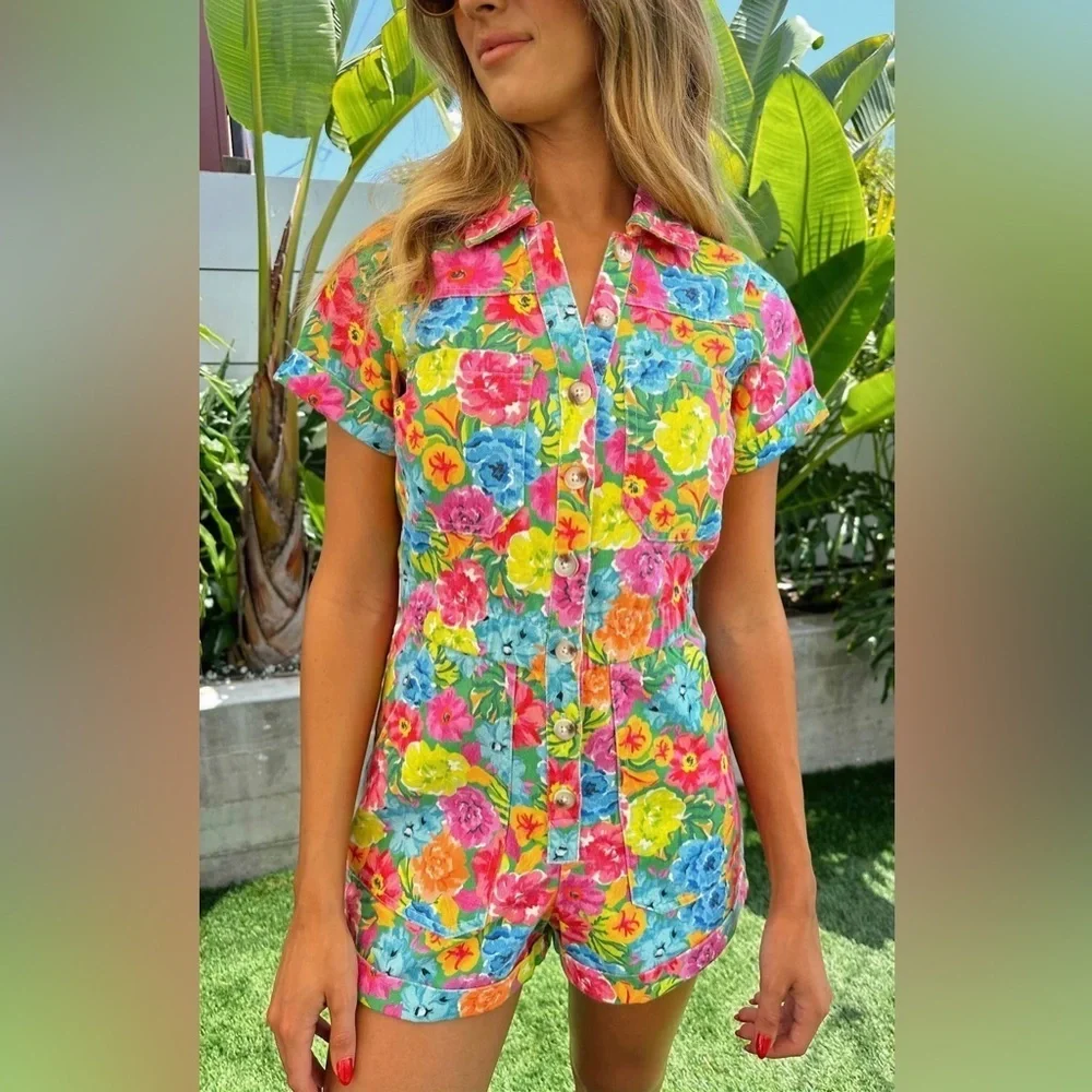 Show Me Your Mumu Cannon Denim Cotton Romper Bright Floral Soiree XXL - Picture 1 of 6